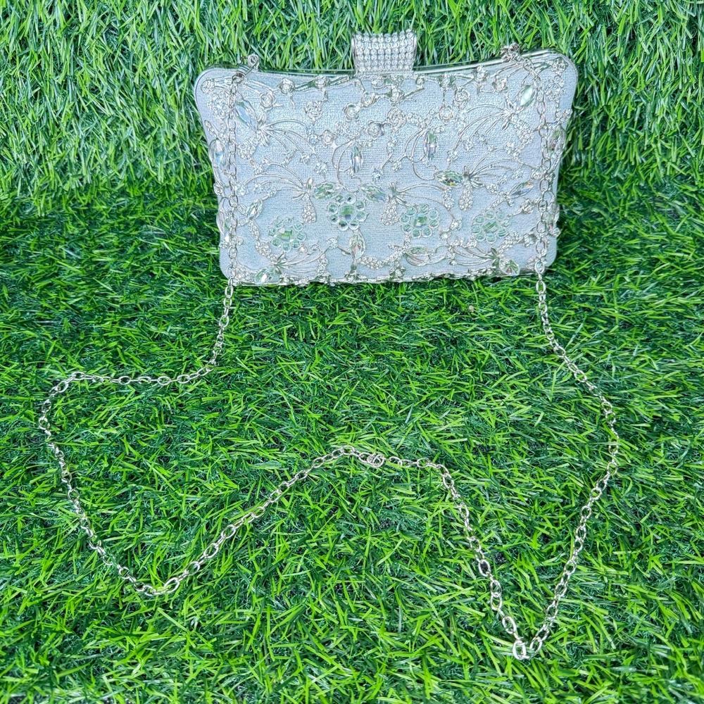 Rhinestone Evening Clutch Women Small Silver Excellent Floral Crystal - Picture 7 of 9